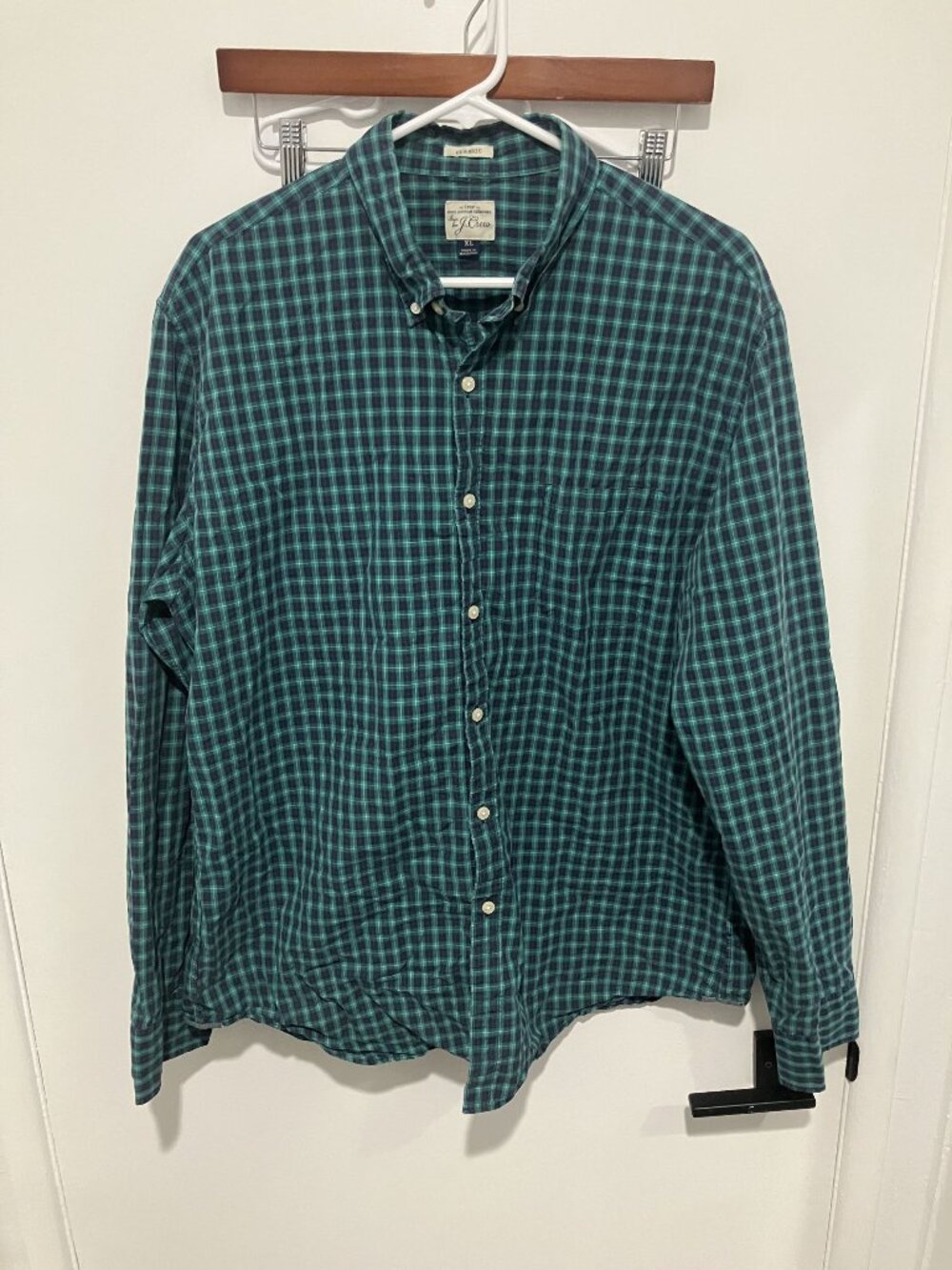 J.Crew Men's XL Plaid Button Down Shirt Teal Green Navy Blue Cotton Classic Fit